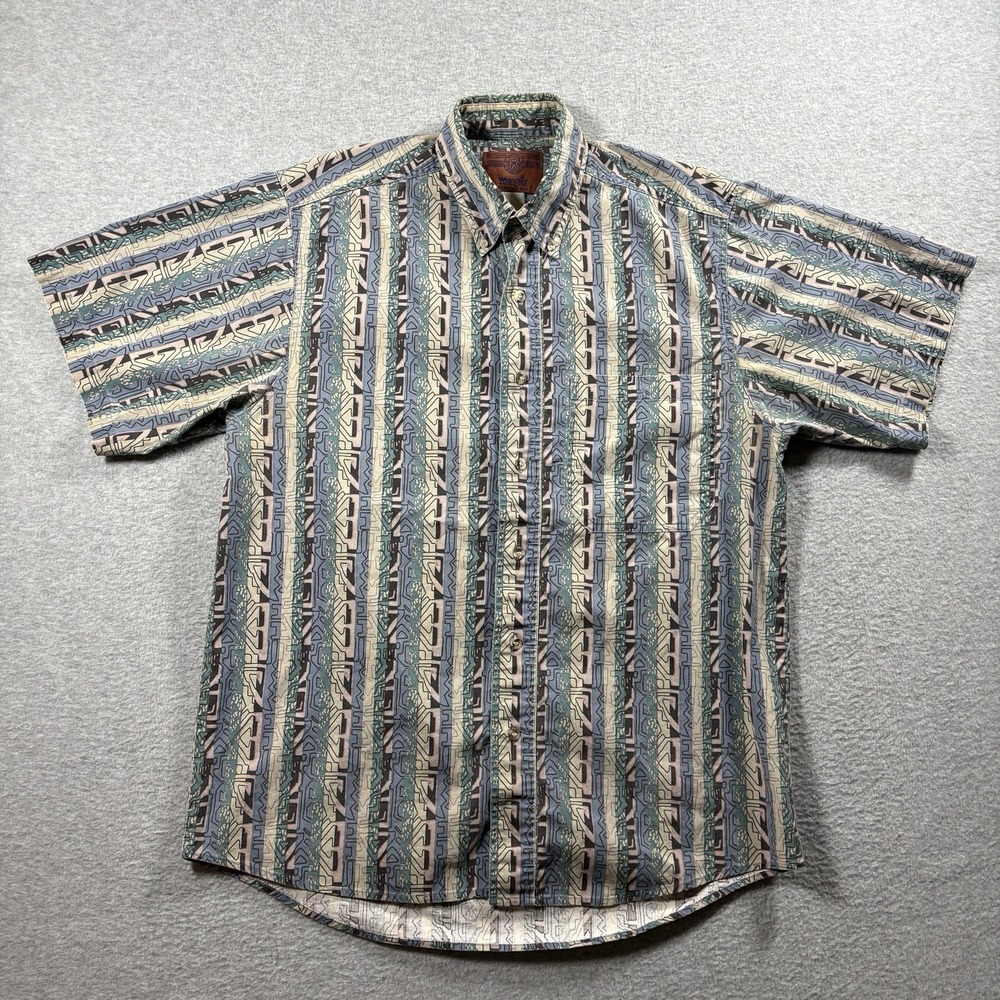 VTG 90s Wrangler Rugged Wear Aztec Geometric Shirt Mens Large Short Sleeve USA